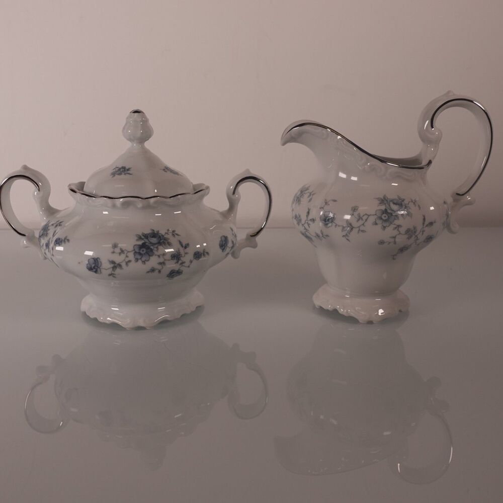 Johann Haviland Blue Garland Sugar Bowl w/ Lid and Creamer Set Bavaria Germany